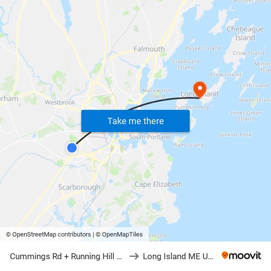 Cummings Rd + Running Hill Rd to Long Island ME USA map