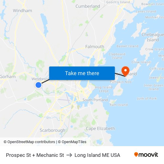 Prospec St + Mechanic St to Long Island ME USA map