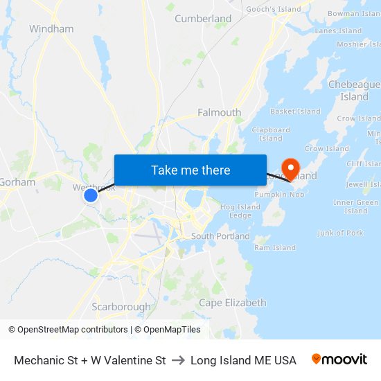 Mechanic St + W Valentine St to Long Island ME USA map