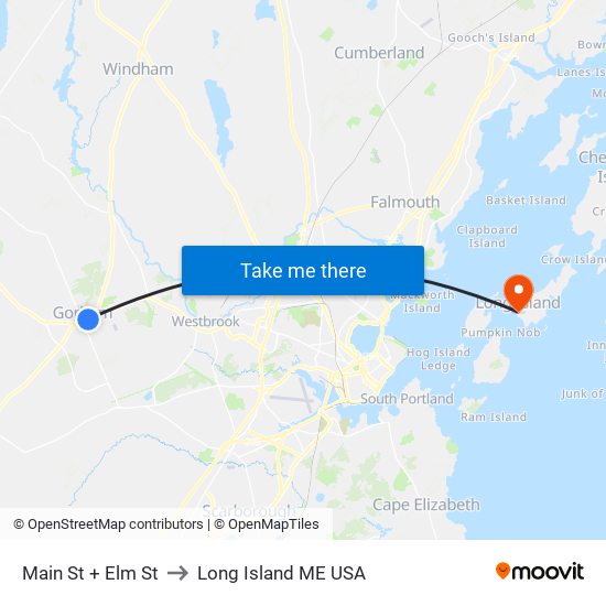 Main St + Elm St to Long Island ME USA map