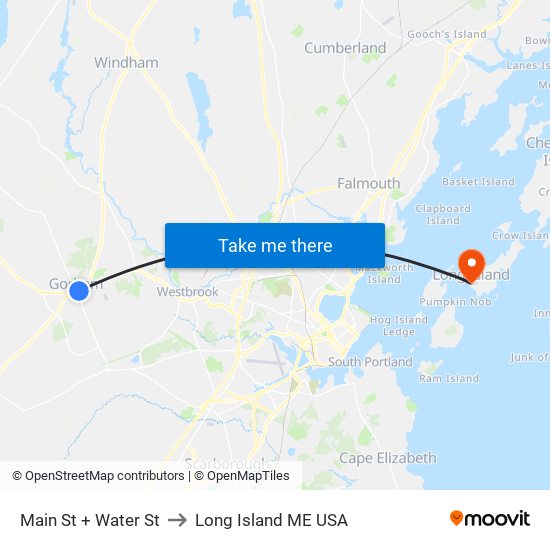 Main St + Water St to Long Island ME USA map