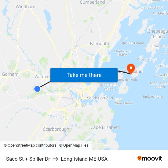 Saco St + Spiller Dr to Long Island ME USA map