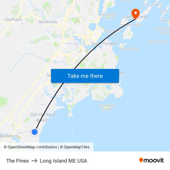 The Pines to Long Island ME USA map