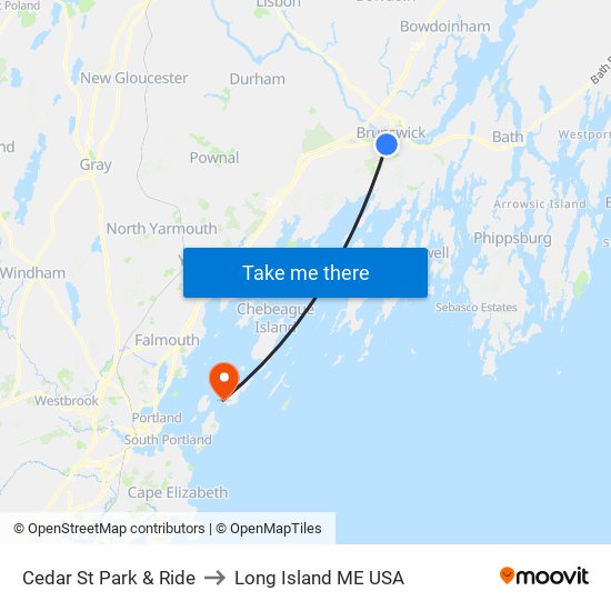 Cedar St Park & Ride to Long Island ME USA map