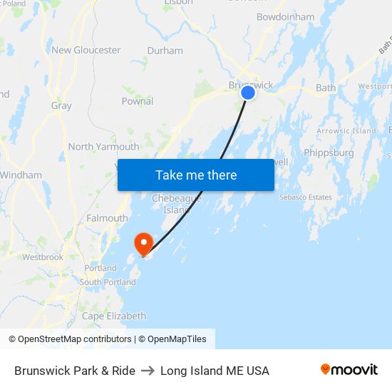 Brunswick Park & Ride to Long Island ME USA map