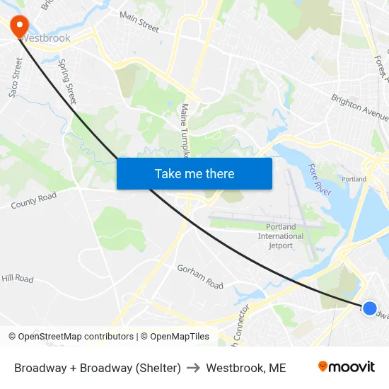 Broadway + Broadway (Shelter) to Westbrook, ME map