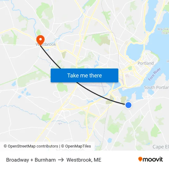 Broadway + Burnham to Westbrook, ME map