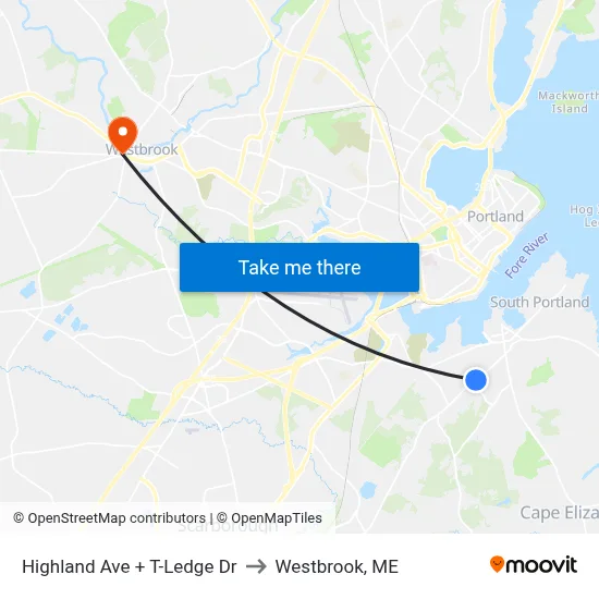 Highland Ave + T-Ledge Dr to Westbrook, ME map