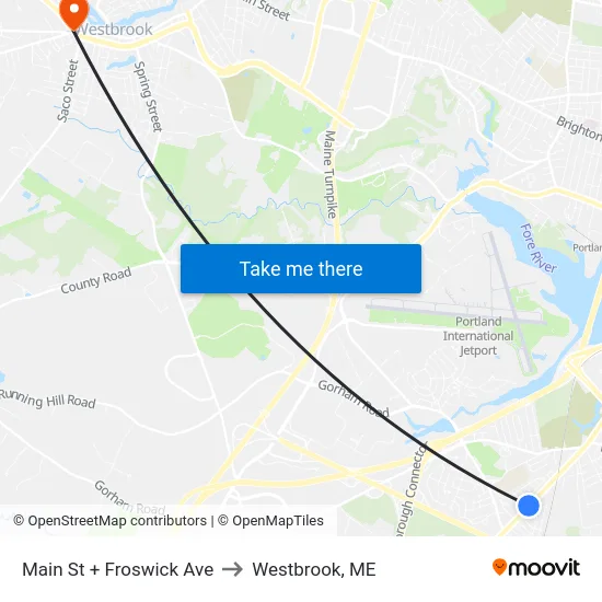Main St + Froswick Ave to Westbrook, ME map