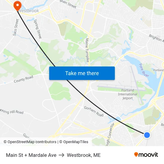 Main St + Mardale Ave to Westbrook, ME map