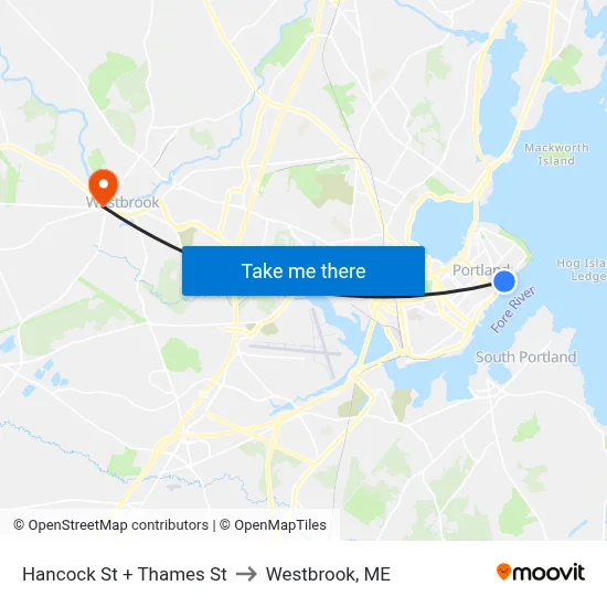 Hancock St + Thames St to Westbrook, ME map