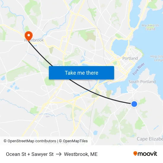 Ocean St + Sawyer St to Westbrook, ME map