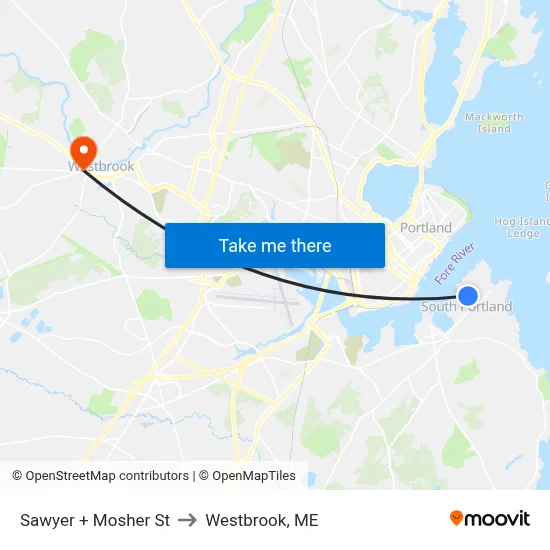 Sawyer + Mosher St to Westbrook, ME map