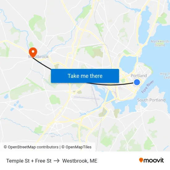 Temple St + Free St to Westbrook, ME map
