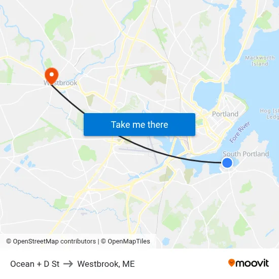 Ocean + D St to Westbrook, ME map