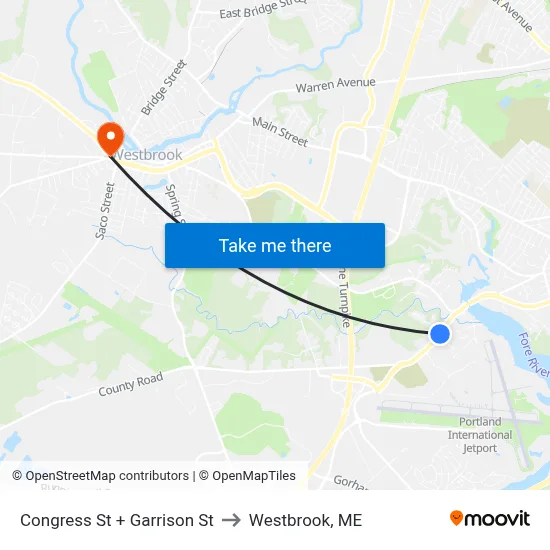 Congress St + Garrison St to Westbrook, ME map