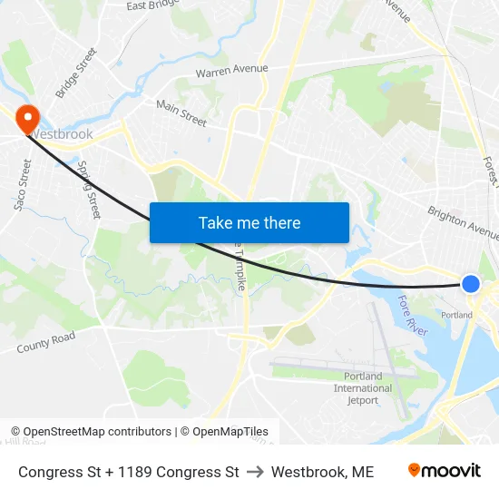 Congress St + 1189 Congress St to Westbrook, ME map