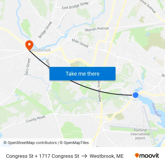 Congress St + 1717 Congress St to Westbrook, ME map