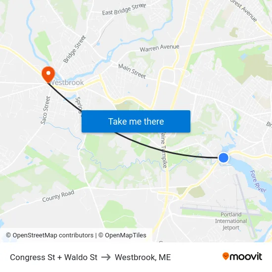 Congress St + Waldo St to Westbrook, ME map