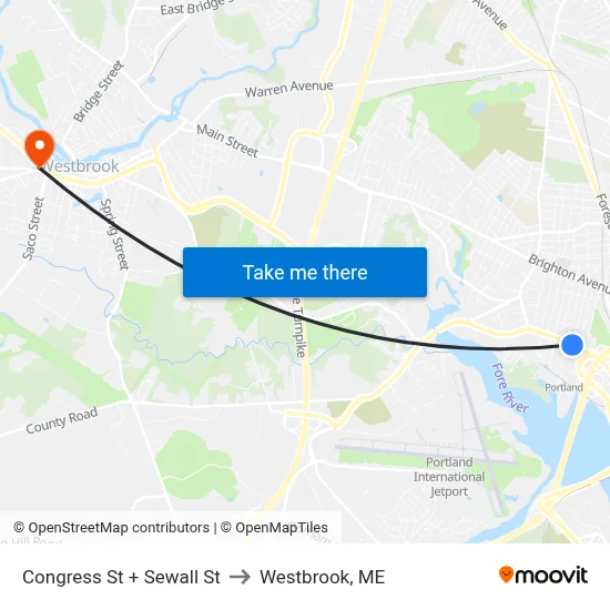 Congress St + Sewall St to Westbrook, ME map