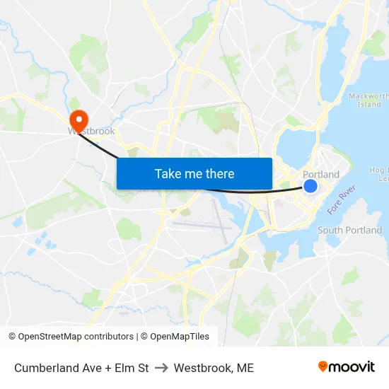Cumberland Ave + Elm St to Westbrook, ME map
