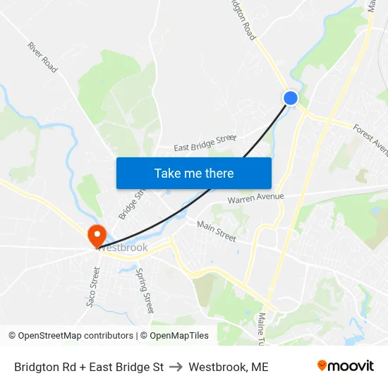 Bridgton Rd + East Bridge St to Westbrook, ME map