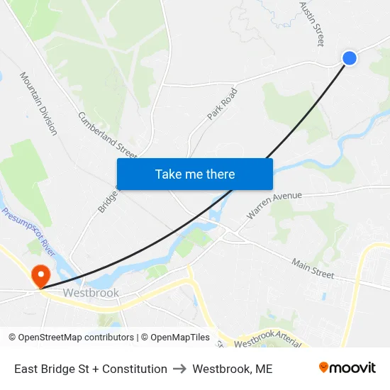 East Bridge St + Constitution to Westbrook, ME map