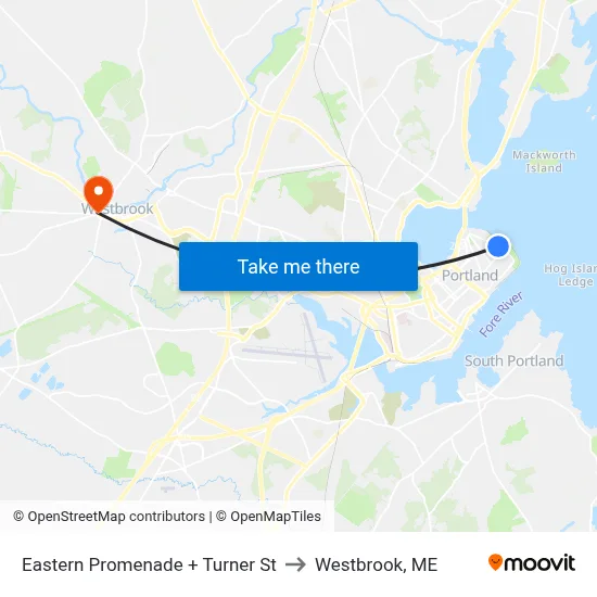 Eastern Promenade + Turner St to Westbrook, ME map