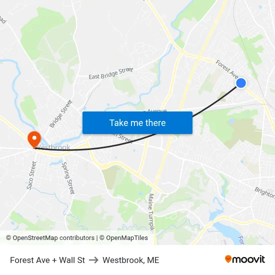 Forest Ave + Wall St to Westbrook, ME map