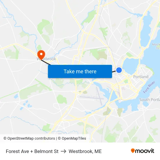 Forest Ave + Belmont St to Westbrook, ME map