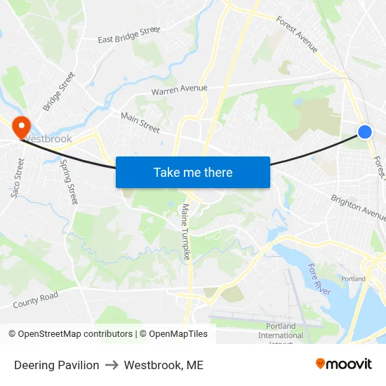 Deering Pavilion to Westbrook, ME map