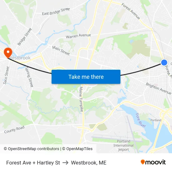 Forest Ave + Hartley St to Westbrook, ME map