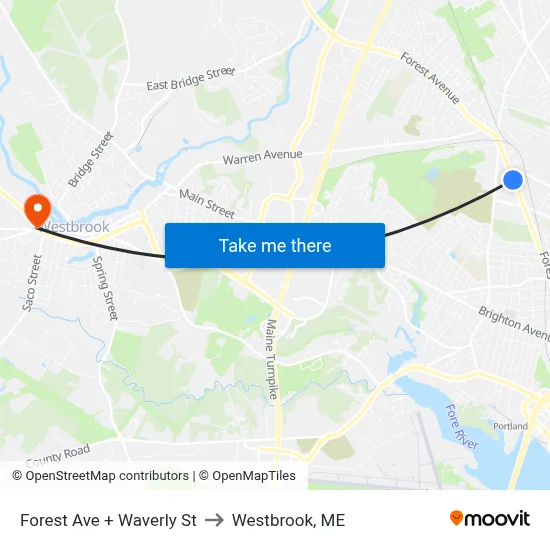 Forest Ave + Waverly  St to Westbrook, ME map