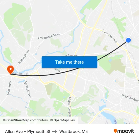 Allen Ave + Plymouth St to Westbrook, ME map