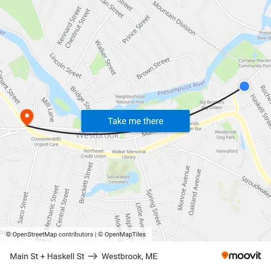 Main St + Haskell St to Westbrook, ME map