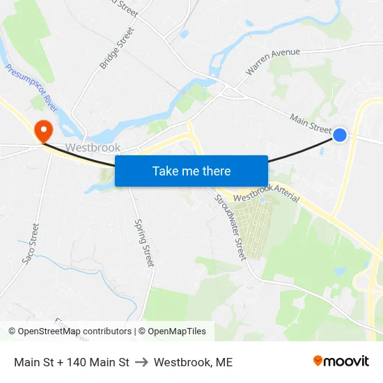 Main St + 140 Main St to Westbrook, ME map