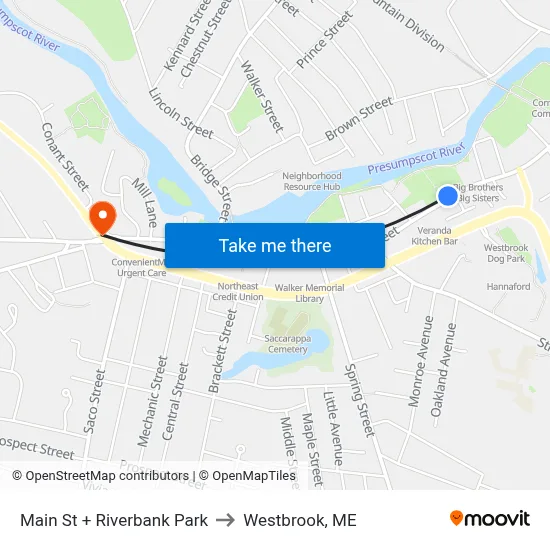 Main St + Riverbank Park to Westbrook, ME map