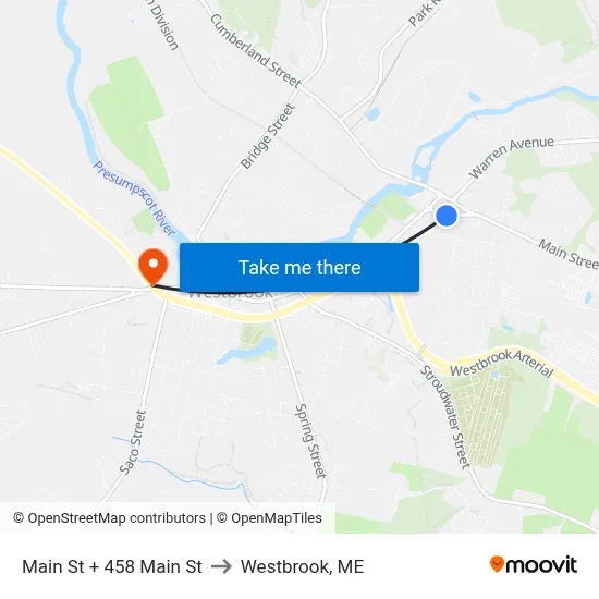 Main St + 458 Main St to Westbrook, ME map