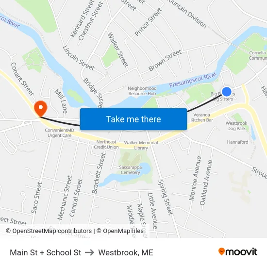 Main St + School St to Westbrook, ME map