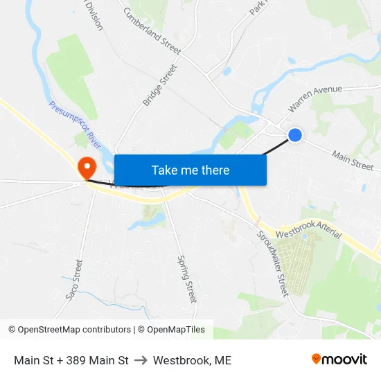 Main St + 389 Main St to Westbrook, ME map