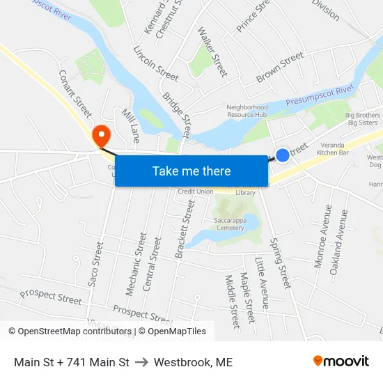 Main St + 741 Main St to Westbrook, ME map