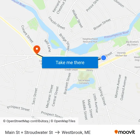 Main St + Stroudwater St to Westbrook, ME map