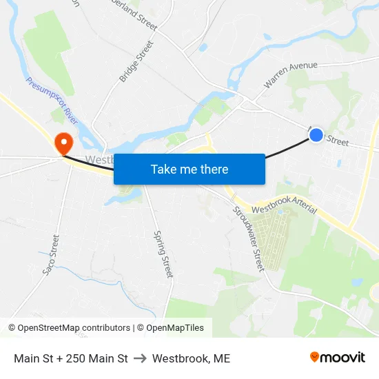 Main St + 250 Main St to Westbrook, ME map