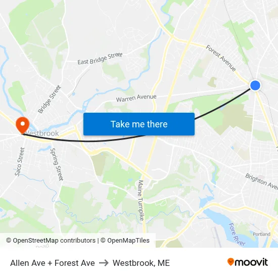 Allen Ave + Forest Ave to Westbrook, ME map