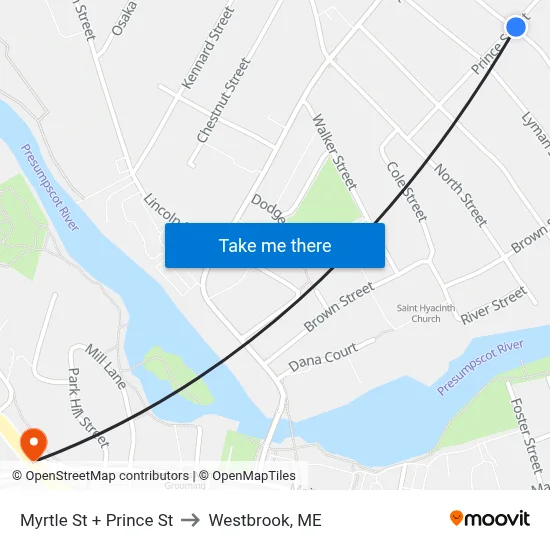 Myrtle St + Prince St to Westbrook, ME map