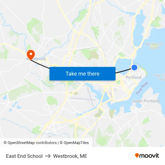East End School to Westbrook, ME map
