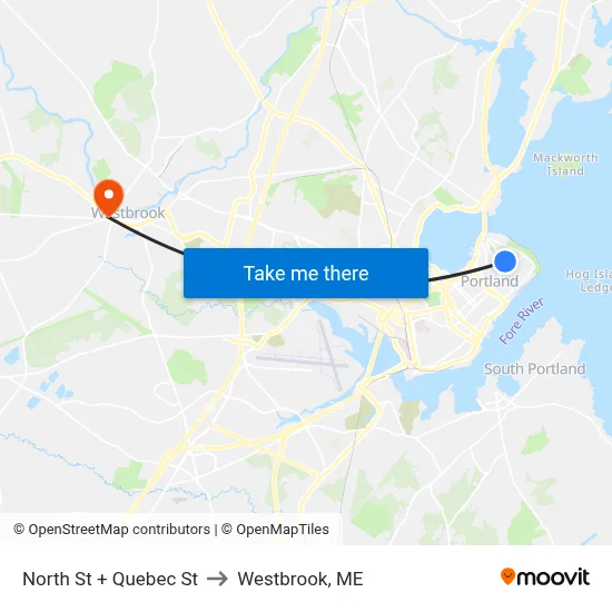 North St + Quebec St to Westbrook, ME map