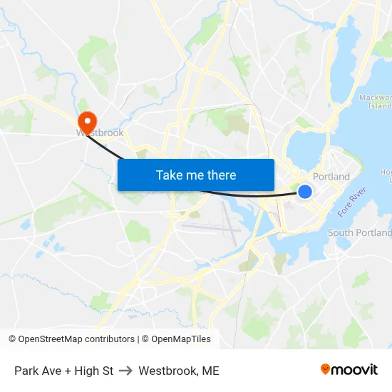 Park Ave + High St to Westbrook, ME map
