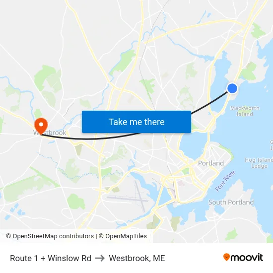 Route 1 + Winslow Rd to Westbrook, ME map