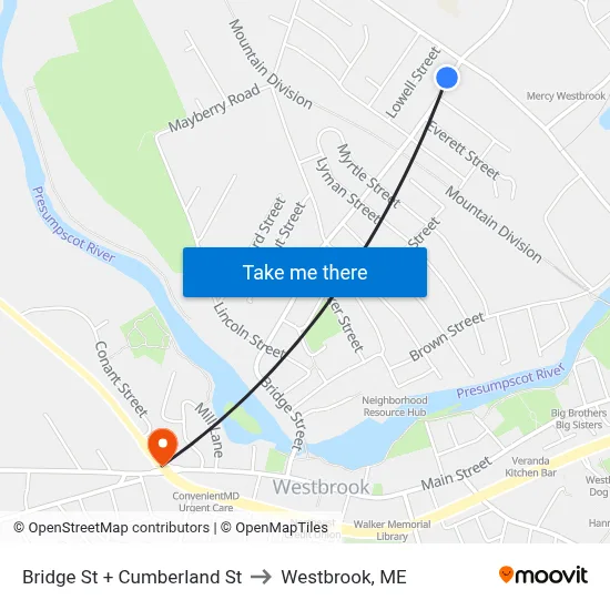 Bridge St + Cumberland St to Westbrook, ME map